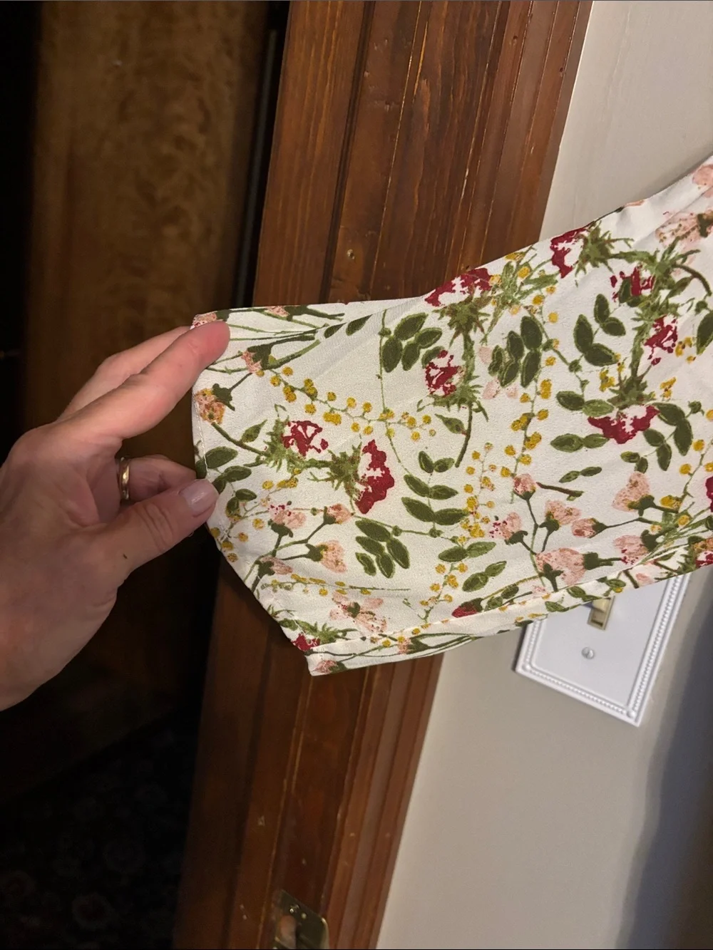 Chaus Cream blouse with Green Leaf & Pink Floral Print